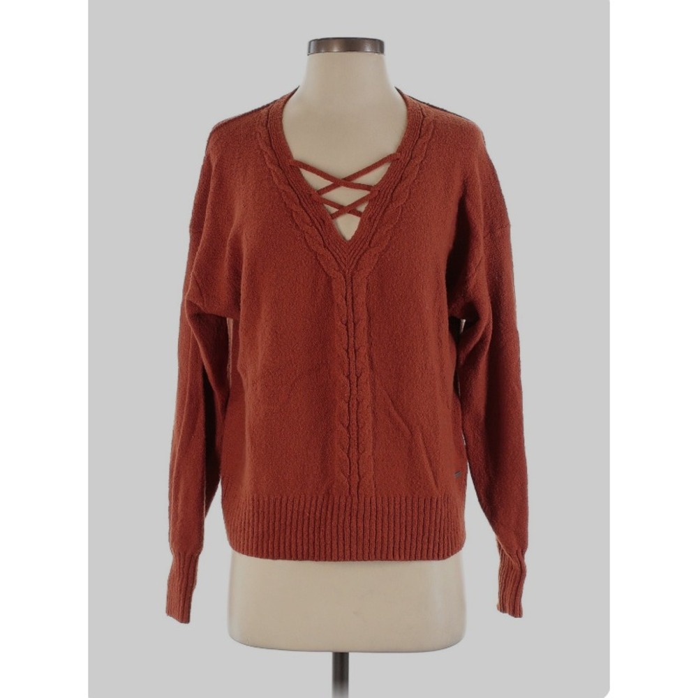 Hollister Lace-Up V-Neck Pullover Sweater Womens M Orange Long Sleeve